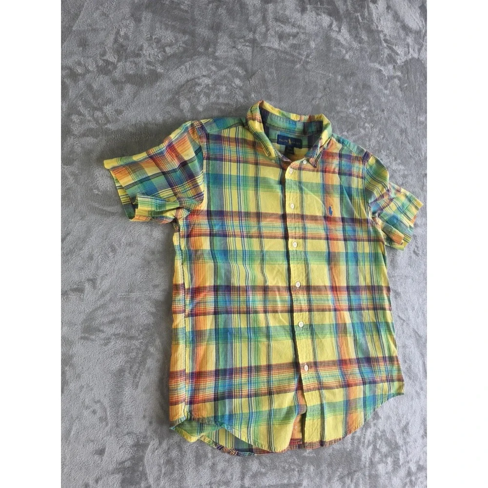 Polo Ralph Lauren Boys Button Up Shirt Plaid Yellow Blue Green Size Large 14-16